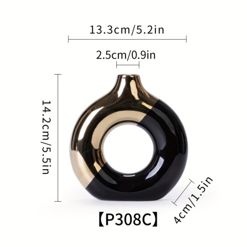 Modny, nowoczesny wazon ceramiczny, czarno-złoto-biały - geometryczny wzór, dekoracja domu | nadaje się do suszonych kwiatów