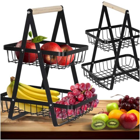 Kosz miska na owoce dwupoziomowy piętrowy metal drewno Kik Sp. z o. o. Sp. k.