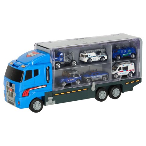 Transporter ciężarówka TIR wyrzutnia + metalowe auta policja Kik Sp. z o. o. Sp. k.