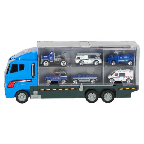 Transporter ciężarówka TIR wyrzutnia + metalowe auta policja Kik Sp. z o. o. Sp. k.