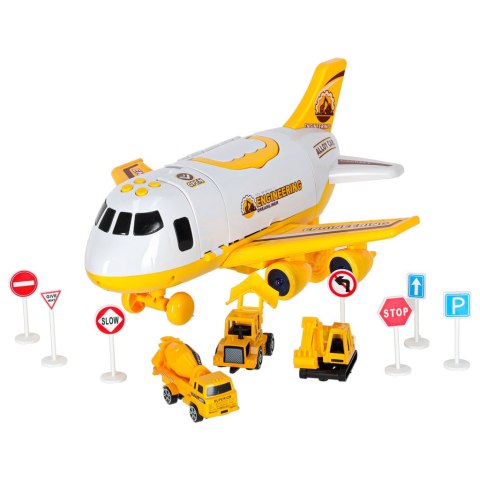 Transporter samolot rozkładany z autami + 3 auta pojazdy budowlane światła dźwięk Kik Sp. z o. o. Sp. k.