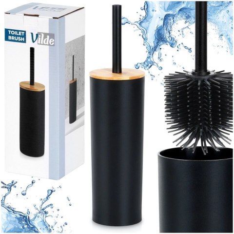 Szczotka Silikonowa WC Ze Stojakiem Czarna Bambusowa Pokrywa 36,5 cm VILDE