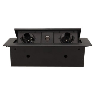 GNIAZDA WPUSZCZANE W BLAT 2X2P+Z, 2XUSB PŁASKI RANT CZARNY ORNO
