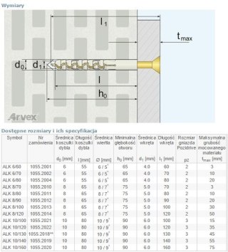 DYBEL PRZEDŁUŻANY ŁEB Z NACIĘCIEM KRZYŻOWYM ALK 8/70MM ARVEX
