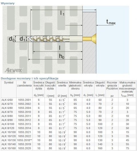 DYBEL PRZEDŁUŻANY ŁEB Z NACIĘCIEM KRZYŻOWYM ALK 8/70MM ARVEX