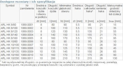 DYBEL RAMOWY Z HAKIEM KĄTOWYM ARL 10/100MM ARVEX