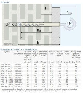 DYBEL RAMOWY Z HAKIEM SUFITOWYM ARL 10/100MM ARVEX