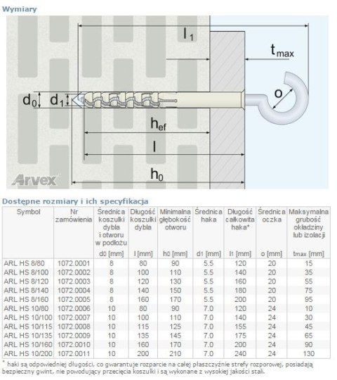 DYBEL RAMOWY Z HAKIEM SUFITOWYM ARL 10/100MM ARVEX