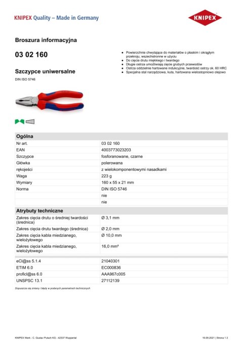 SZCZYPCE UNIWERSALNE PVC 160MM KNIPEX