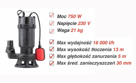 POMPA DO ŚCIEKÓW 750W Z ROZDRABNIACZEM YATO