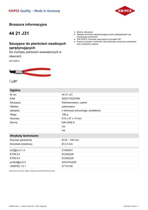 SZCZYPCE DO PIERŚCIENI SEGERA WEWNĘTRZNE 215MM 40-100MM KNIPEX