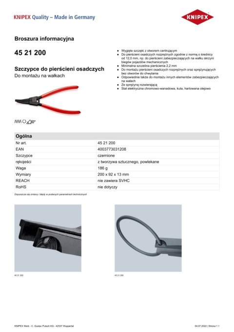 SZCZYPCE DO PIERŚCIENI OSADCZYCH, POWLEANE 200MM. KNIPEX