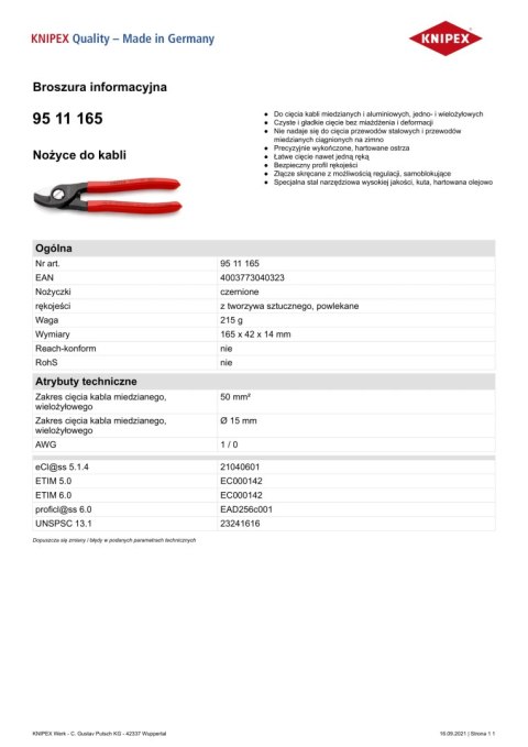 NOŻYCE DO KABLI 165MM KNIPEX