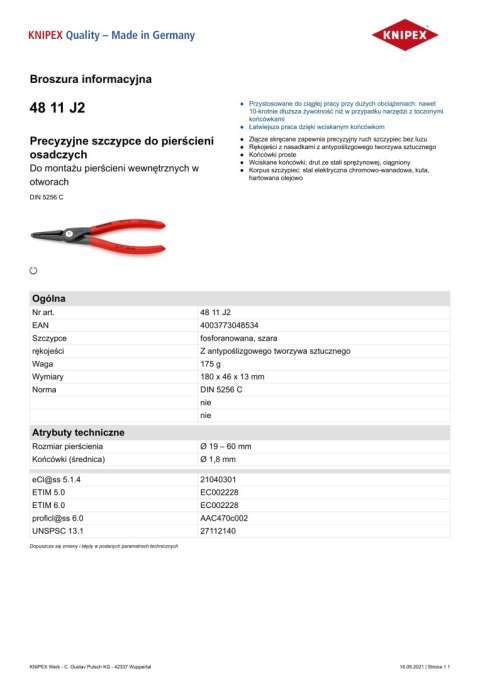 PRECYZYJNE SZCZYPCE DO PIERŚCIENI WEW.PROSTE 180MM KNIPEX