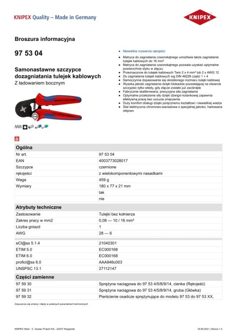 SAMONASTAWNE SZCZYPCE DO ZAGNIATANIA TULEJEK 180MM KNIPEX