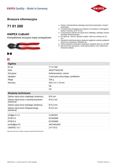 SZCZYPCE TNĄCE PRZEGUBOWE COBOLT 200MM KNIPEX