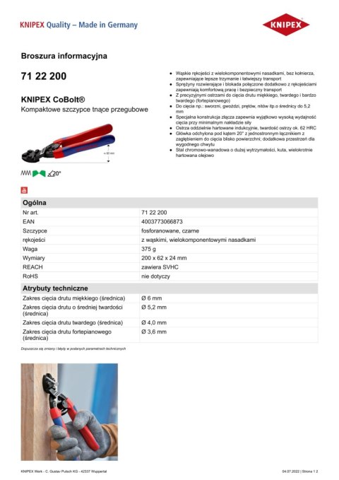 SZCZYPCE TNĄCE PRZEGUBOWE KOMPAKTOWE COBOLT 200MM KNIPEX