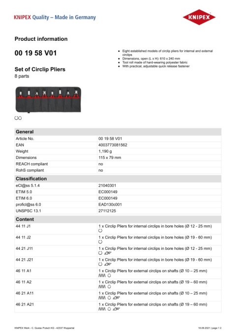 ZESTAW SZCZYPIEC DO PIERŚCIENI SEGERA 8 SZTUK KNIPEX