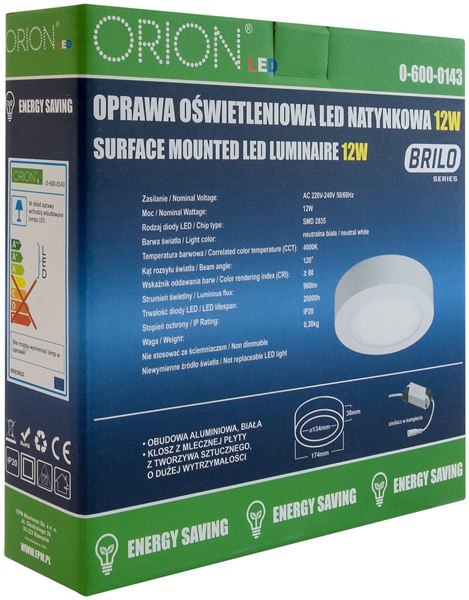 PANEL LED NATYNKOWY OKRĄGŁY BRILO 175MM, 12W, 960LM ORION