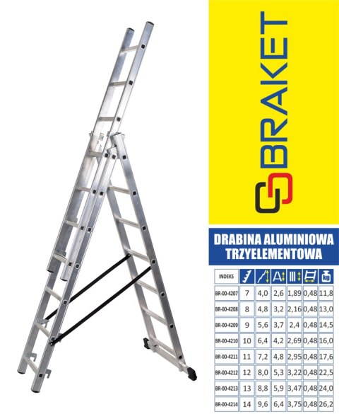 DRABINA ALUMINIOWA 3-ELEMENTOWA 640CM 11+11+11 SZCZEBLI BRAKET