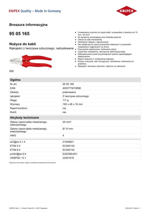 NOŻYCE DO KABLI 165MM, RĘKOJEŚĆ Z TWORZYWA KNIPEX