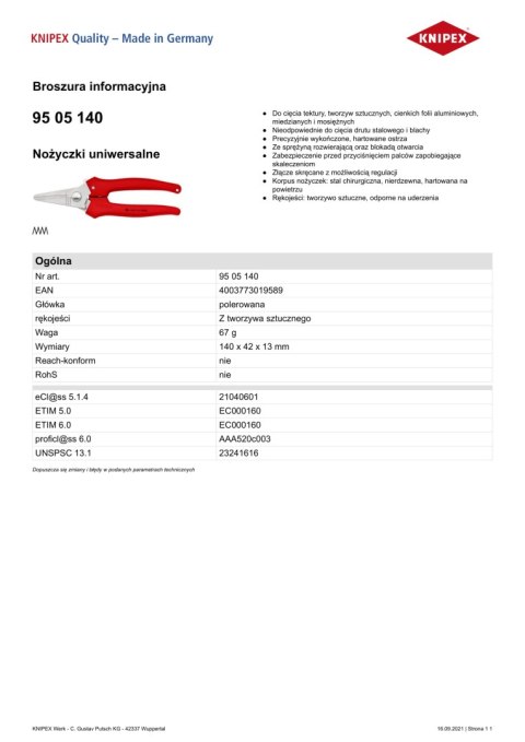 NOŻYCZKI UNIWERSALNE 140MM KNIPEX