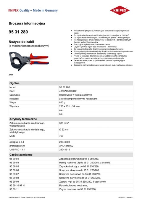 NOŻYCE DO KABLI 280MM, MECHANIZM ZAPADKOWY KNIPEX