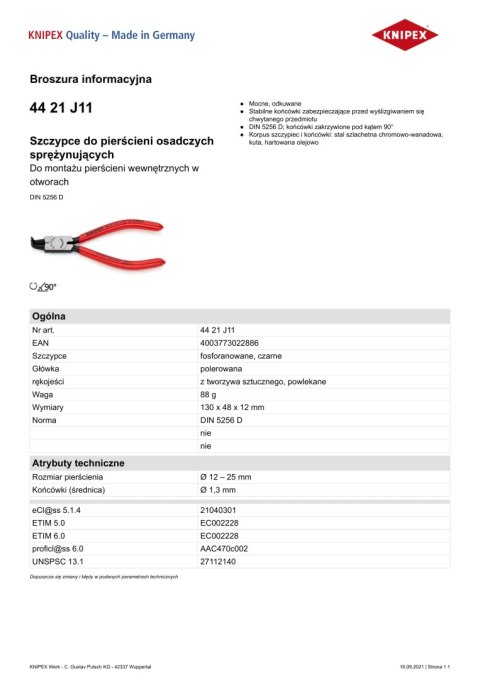 SZCZYPCE DO PIERŚCIENI SEGERA WEWNĘTRZNE WYG.130MM 12-25MM KNIPEX