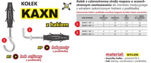 KOŁEK ROZPOROWY WSZECHSTRONNY KAXN 6 HAK SUFITOWY 3.5/P UN