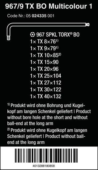ZESTAW KLUCZY TRZPIENIOWYCH TORX MULTICOLOUR TX8-TX40 WERA