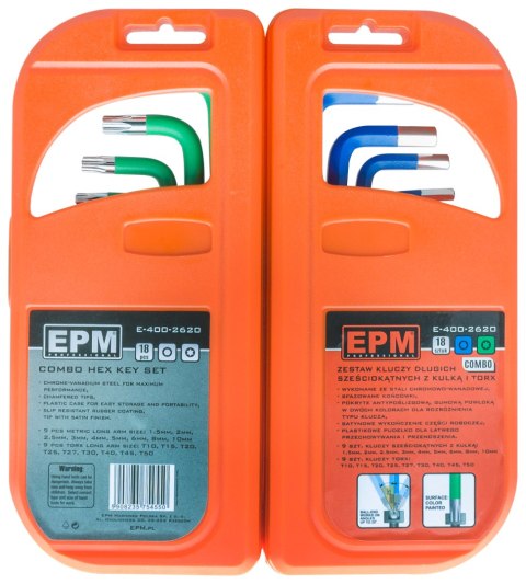 KOMPLET KLUCZY TRZPIENIOWYCH HEX I TORX DŁUGIE 18 SZTUK EPM