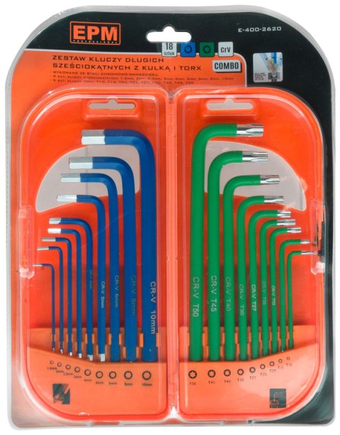 KOMPLET KLUCZY TRZPIENIOWYCH HEX I TORX DŁUGIE 18 SZTUK EPM