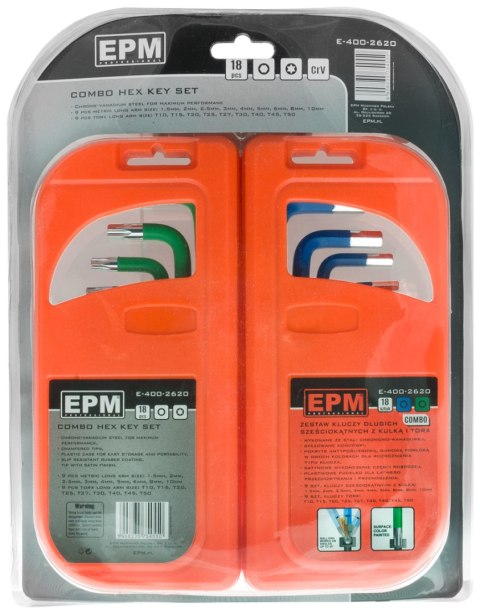 KOMPLET KLUCZY TRZPIENIOWYCH HEX I TORX DŁUGIE 18 SZTUK EPM