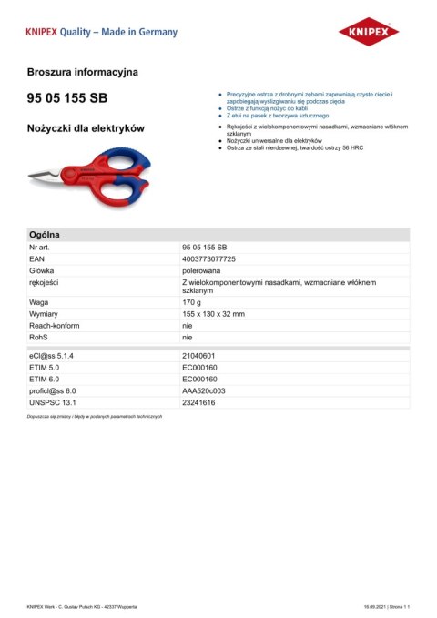 NOŻYCZKI UNIWERSALNE DLA ELEKTRYKÓW 155MM KNIPEX