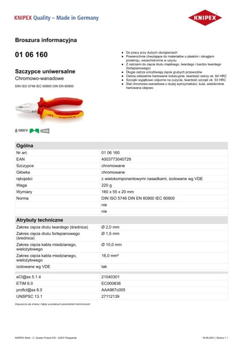 SZCZYPCE UNIWERSALNE VDE 1000V 160MM KNIPEX