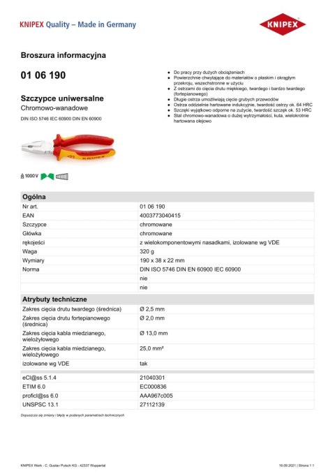 SZCZYPCE UNIWERSALNE VDE 1000V 190MM KNIPEX
