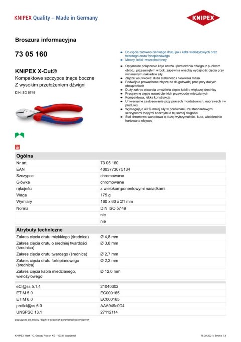 SZCZYPCE TNĄCE BOCZNE X-CUT 160MM,WYSOKIE PRZEŁOŻENIE DŹWIGN KNIPEX