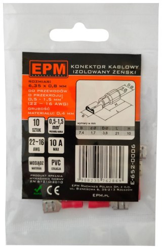 KOŃCÓWKA NASUWKA IZOLOWANA 0.5-1.5MM 0.8-6.35 10 SZTUK EPM
