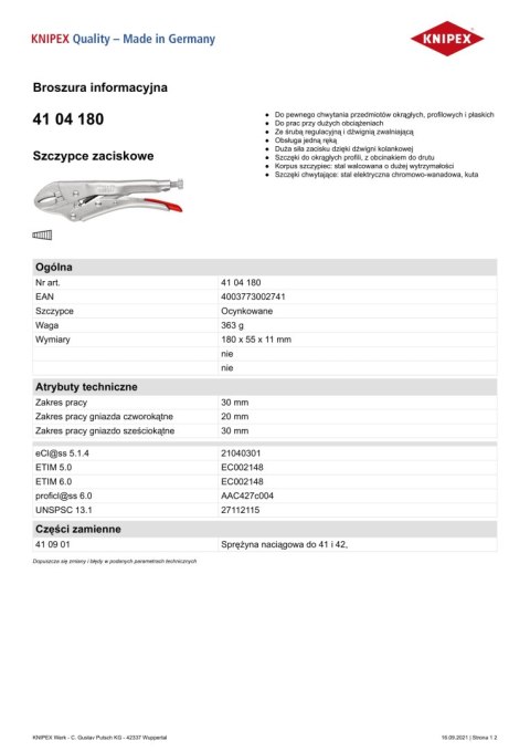 SZCZYPCE ZACISKOWE UNIWERSALNE 180MM KNIPEX