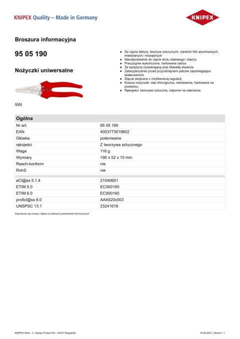 NOŻYCZKI UNIWERSALNE 190MM KNIPEX