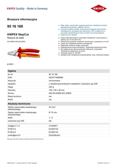 NOŻYCE DO KABLI IZOLOWANE 1000V 160MM KNIPEX