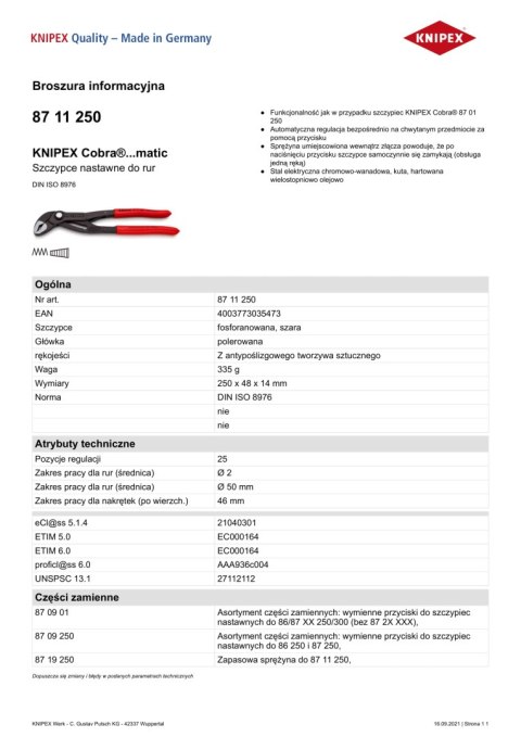 SZCZYPCE DO RUR COBRA NASTAWNE 250MM KNIPEX