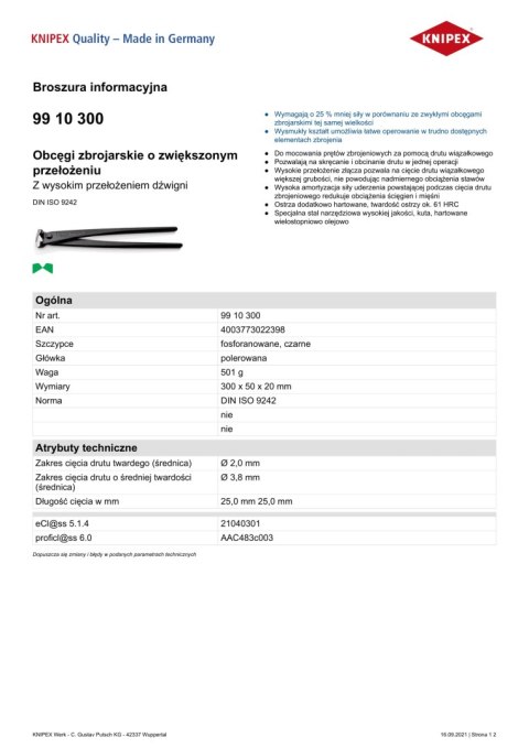 OBCĘGI ZBROJARSKIE O ZWIĘKSZONYM PRZEŁOŻENIU 300MM KNIPEX