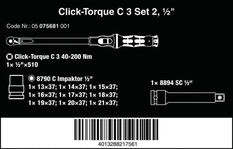 KLUCZ DYNAMOMETRYCZNY CLICK-TORQUE E C 3 SET 2, 40-200NM WERA
