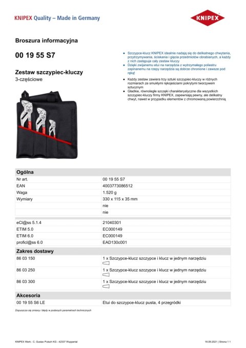 ZESTAW SZCZYPIEC DO RUR W ETUI 3-CZĘŚCIOWY 150,250,300MM KNIPEX