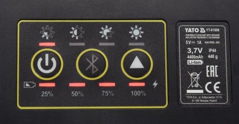 REFLEKTOR PRZENOŚNY Z GŁOŚNIKIEM 2X15W, 2000LM, LI-ION,IP44 YATO