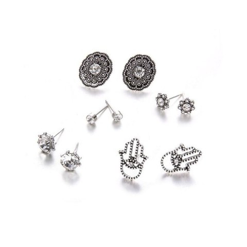 ZESTAW 5 PAR KOLCZYKÓW BOHO KRYSZTAŁKI HAMSA SREBRNE K893