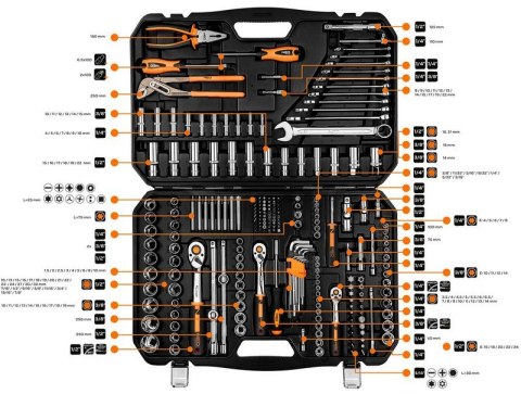 ZESTAW KLUCZY NASADOWYCH 1/2'',3/8'',1/4'' 233 CZĘŚCI NEO