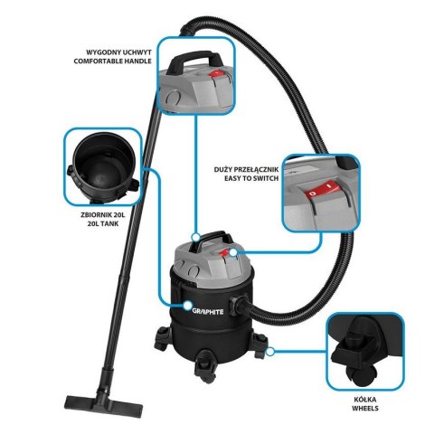 ODKURZACZ PRZEMYSŁOWY 1200W 20L ZBIORNIK Z TWORZYWA GRAPHITE
