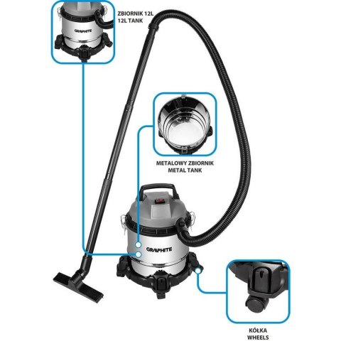 ODKURZACZ PRZEMYSŁOWY 800W 12L ZBIORNIK NIERDZEWNY GRAPHITE